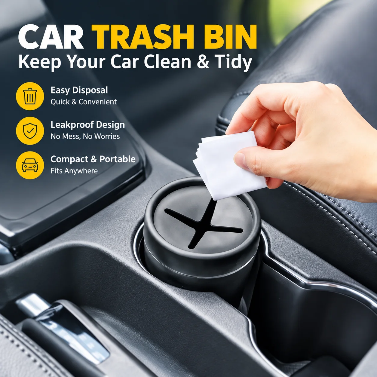 Car Trash Bin with Lid, Portable Small Stowage Box for Car Auto Dashboard Door Side, Leakproof Multifunctional Interior