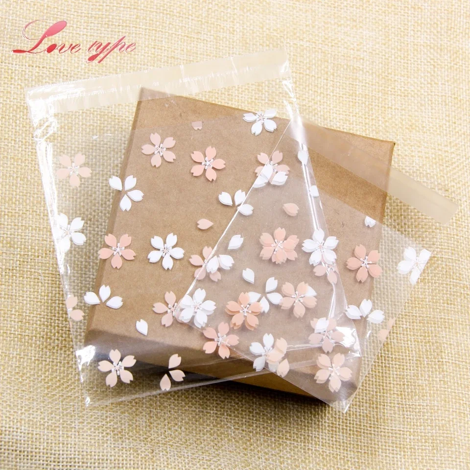 

100PCS Cherry Blossoms Candy & Cookie Plastic Bags - Self-Adhesive DIY Biscuits Snack Baking Package Decor Kids Gift Supplies