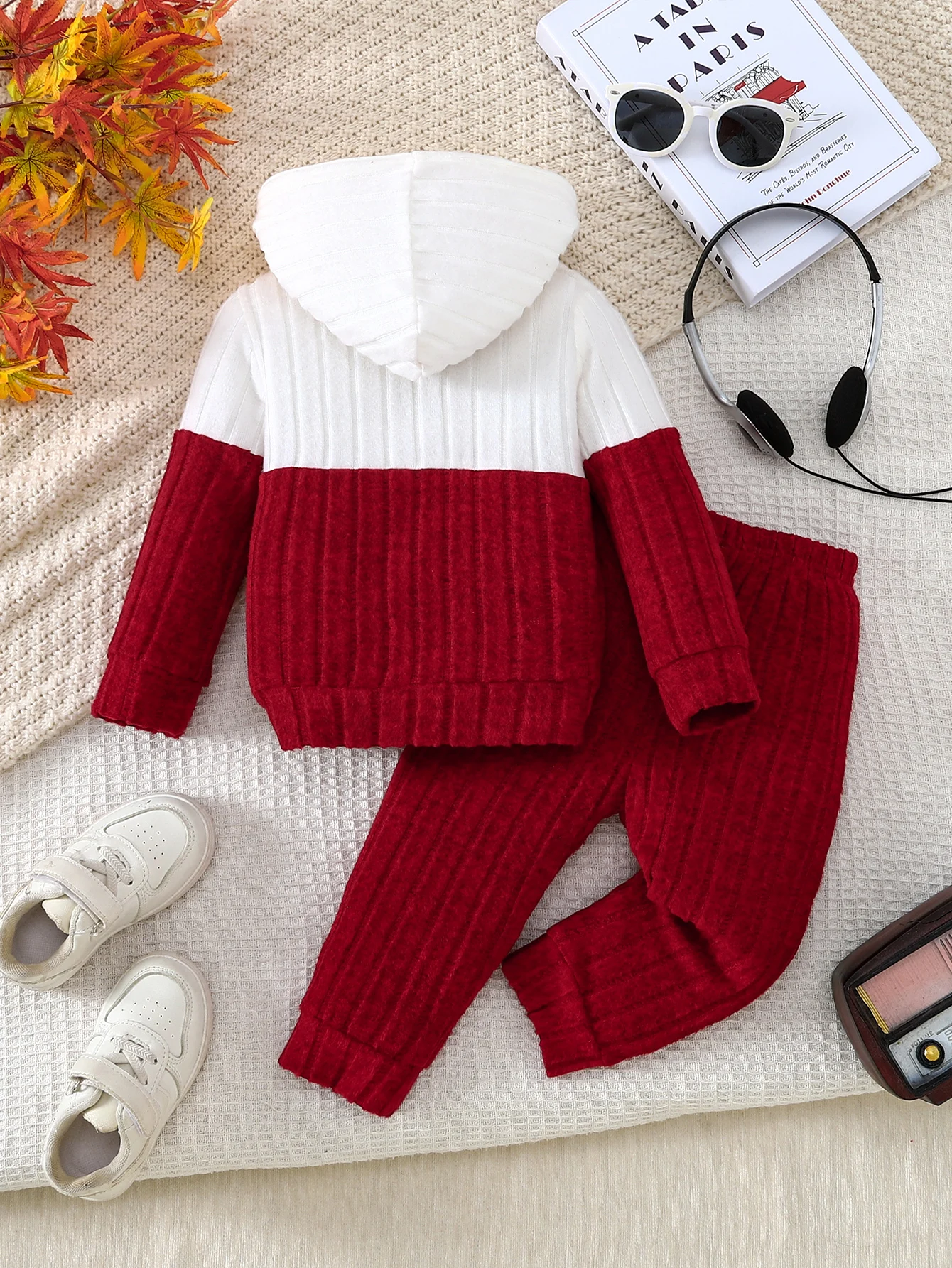 Kids' Color Block Hoodie Set Casual Retro Red White Hooded Knitted Soft Warm Elastic Waist Long Pants Two-Piece Outfit