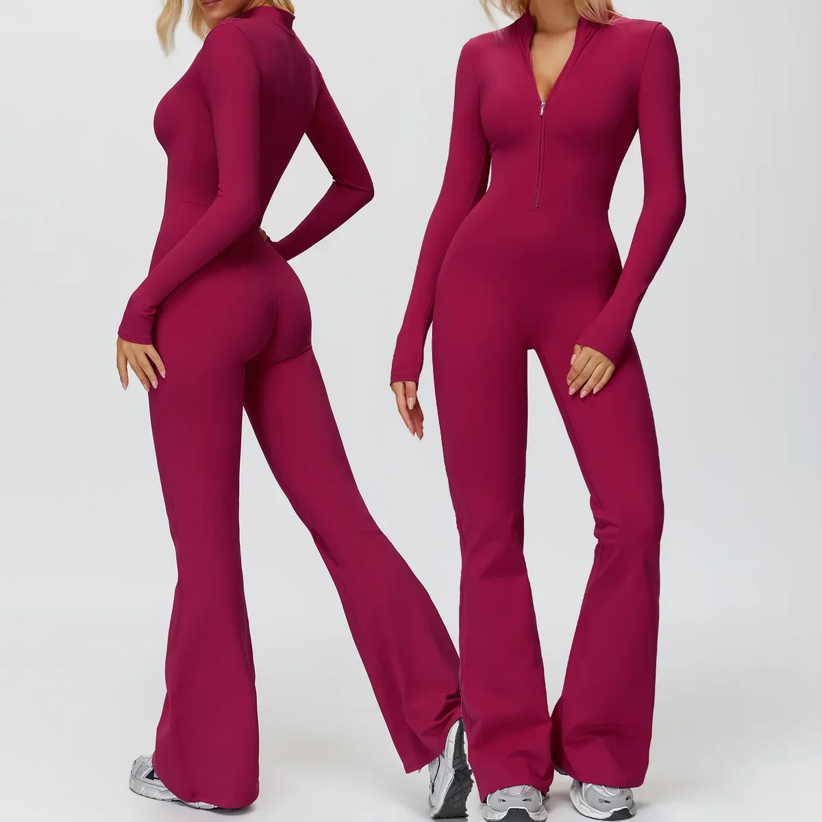 

Женские расклешенные комбинезоны на молнии, спортивный костюм для спортзала и фитнеса, цельный костюм для йоги, спортивный комплект для тренировок, эластичное боди, спортивная одежда с эффектом пуш-ап