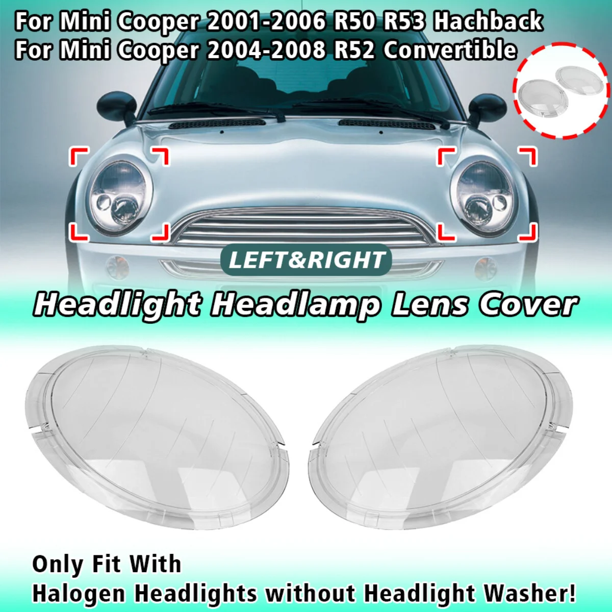 

Крышка галогенной фары для BMW MINI R50 R52 R53 Mk1 Cooper 2001-2006, левая и правая автомобильная фара, прозрачный абажур, крышка корпуса