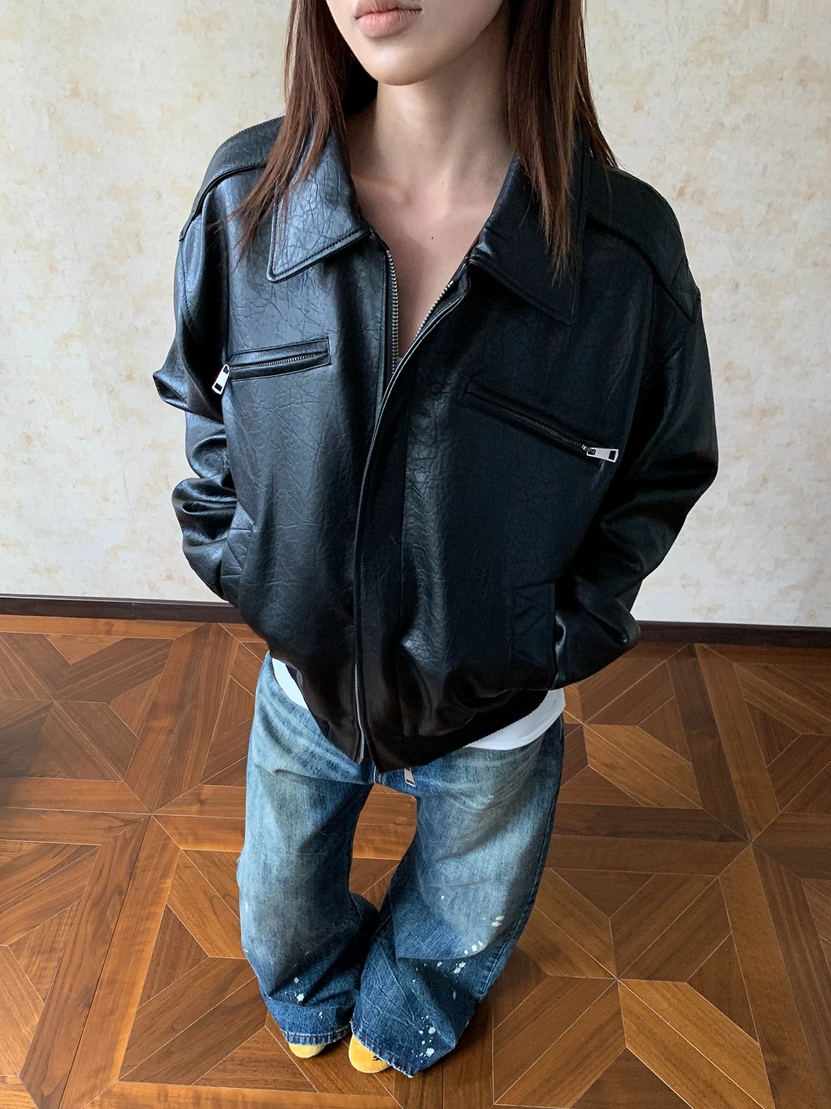 

Aket American Retro Texture Stand Collar Leather Jaet Women's Cleanfit ort High-End ape Outerwear Faion Ladies