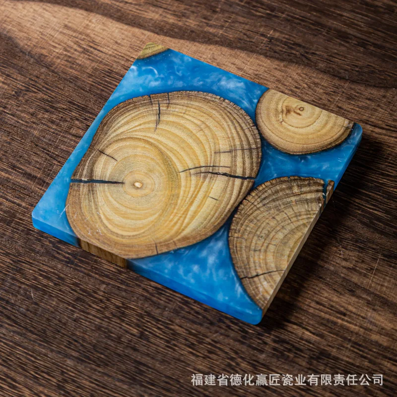 Epoxy Resin Coaster with Solid Boxwood Base, Creative Heat-Resistant Tea Cup Mat with Premium Aesthetic