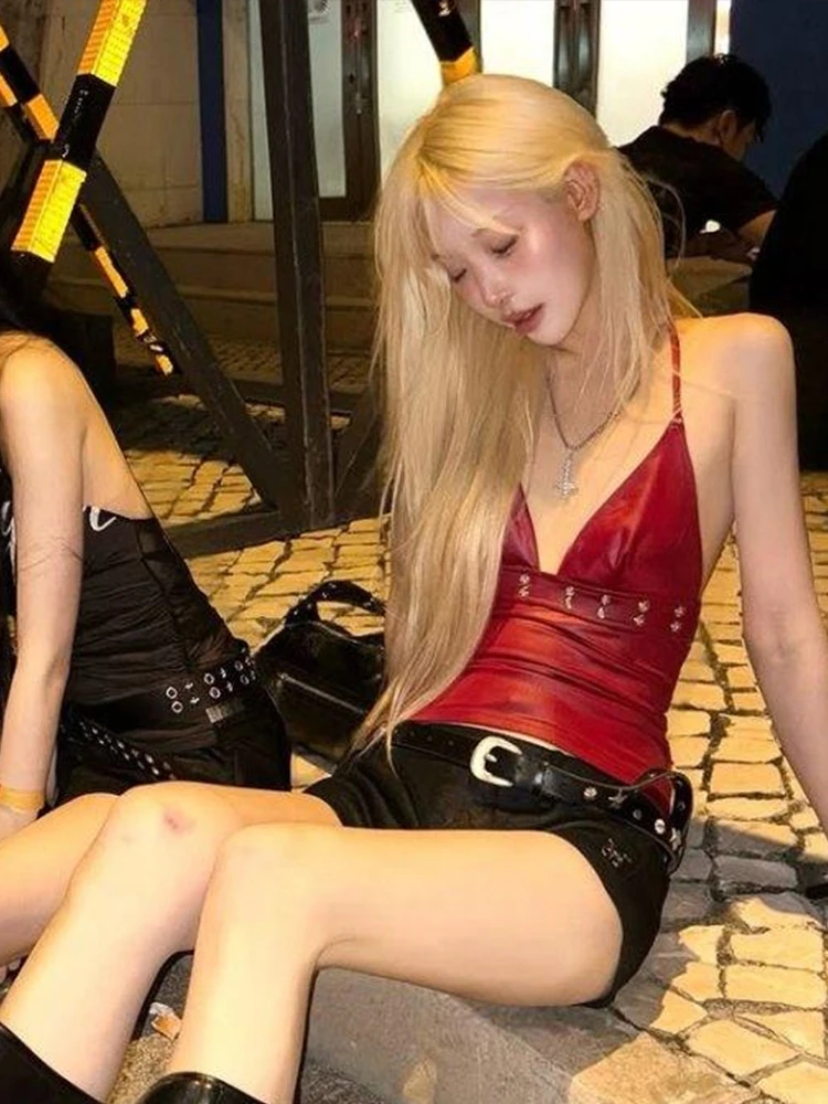 

Sisterlinda модная металлическая отделка камзол женская сексуальная с v-образным вырезом из искусственной кожи полуночная гарячая музыкальная фестивальная классическая уличная одежда