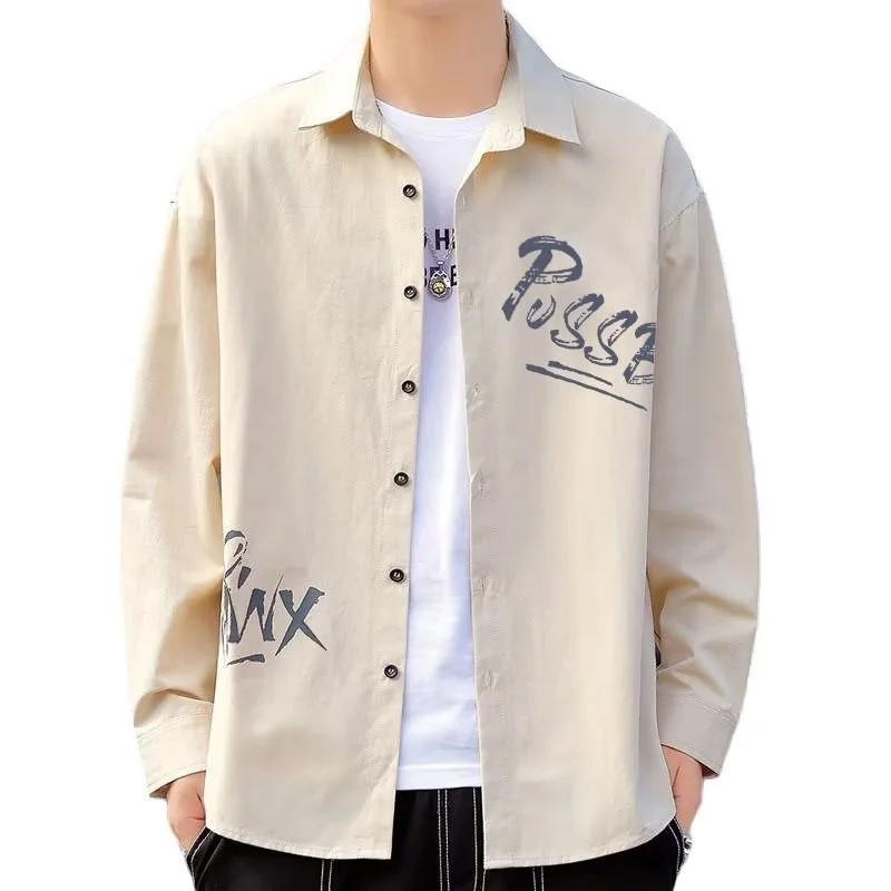 

Loose Long Sve Men's Casual irt Spring Autumn New Sle Korean Version fiti Print Workwear Sun Protection Coat