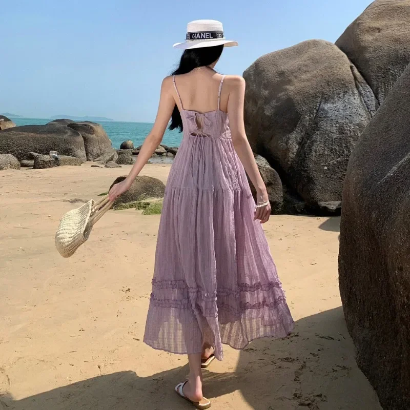 New Women's Summer Seaside Vacation Gentle Wind Backless Tea Break Fairy Long Skirt French Style Purple V-neck Suspender Dresses