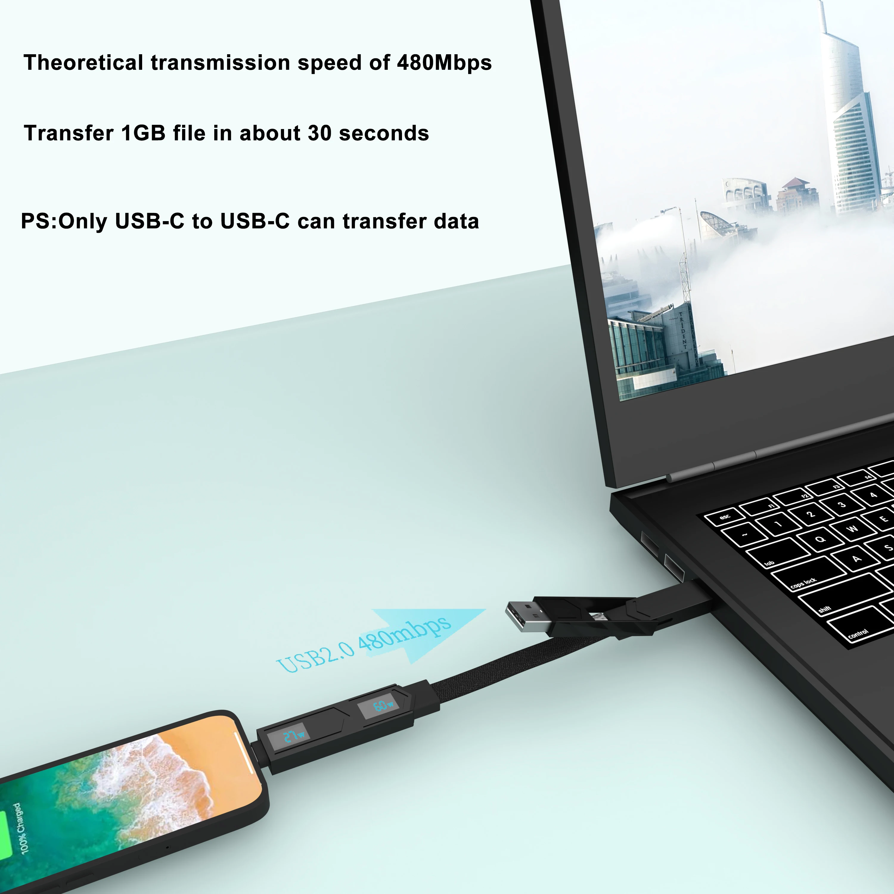 PD 60 واط USB-C إلى USB-C كابل بيانات العرض الرقمي USB-A 27 واط كابل شحن سريع سلسلة المفاتيح الحبل مناسبة آيفون برو سامسونج