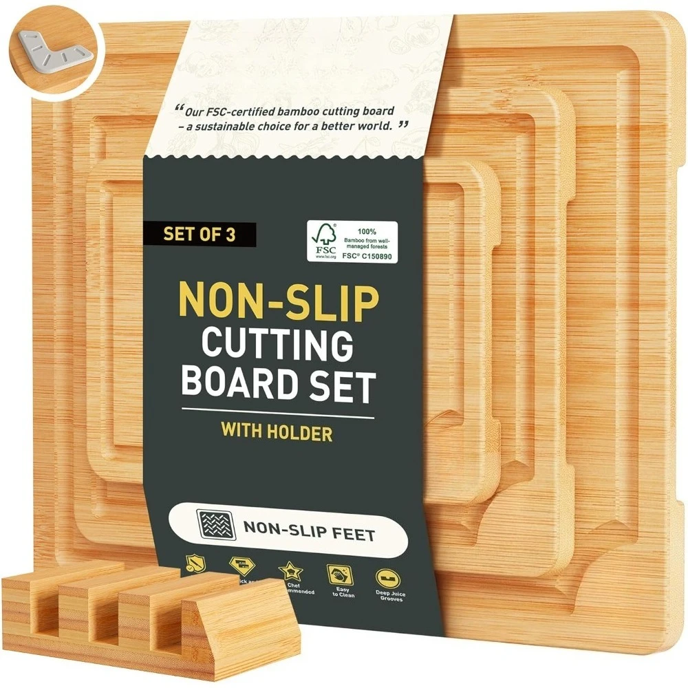 

Bamboo Cutting Board Set with Non Slip Feet and Holder Over Sink Kitchen Accessories Housewarming Gifts for First