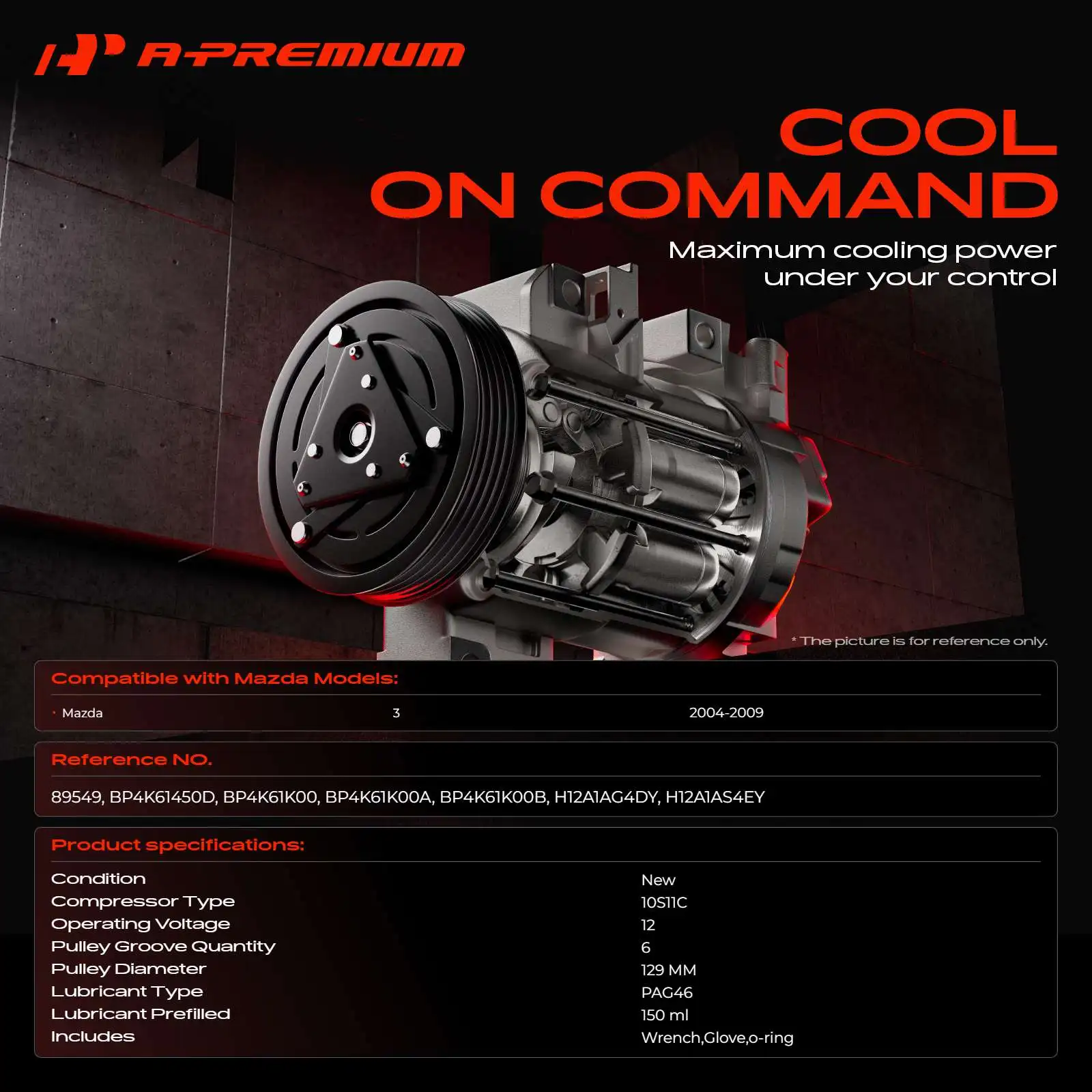 A-Premium AC Compressor with 6 Grooves for Mazda 3 2004 2005 2006 2007 2008 2009