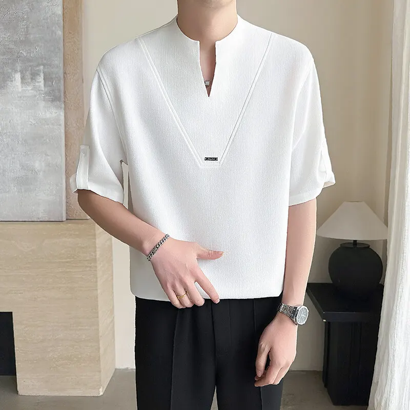 

Summer Ice Silk Pullover Shirts for Men Cotton and Linen Breathable Stand Up Collar Half Sleeve Shirt Social Party Streetwear