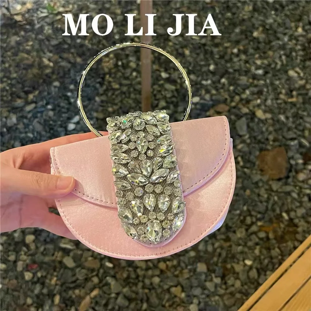 Women Handbag Luxury Fashion Satin Half Moon Bag Crystal Rhinestone Diamond Evening Bag Wedding Party Clutch Purse Crossbody Bag