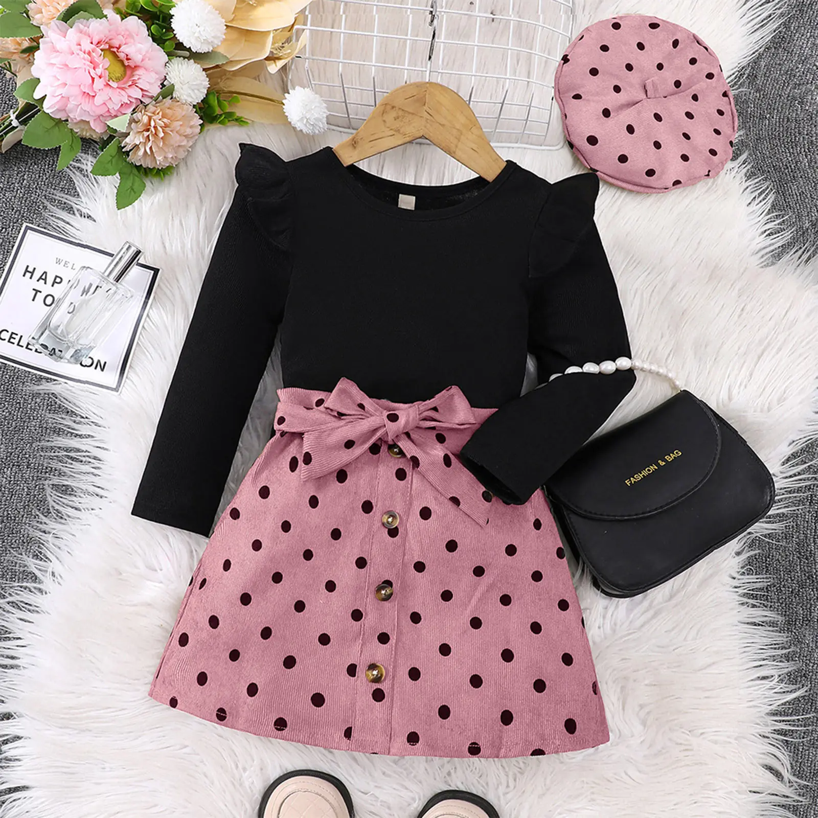 Little Girls Fashion Casual Costume Set Birthday Party Outfit Long Sleeve Knit Tops with Skirt Beret Hat Daily School Wear