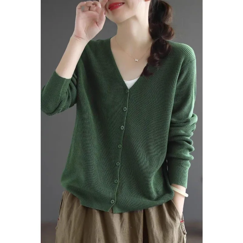 

V-neck Sweater for Women Loose and Fashionable Solid Color Cardigan Long-sleeved Temperament Knitted Top