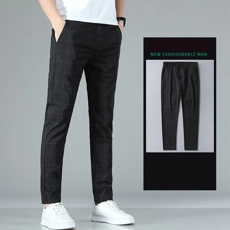 

High Quality Plaid Stripe Ankle Length Pants Men Business Long Length Pant Straight Korea Grey Black Suit Formal Trousers Male