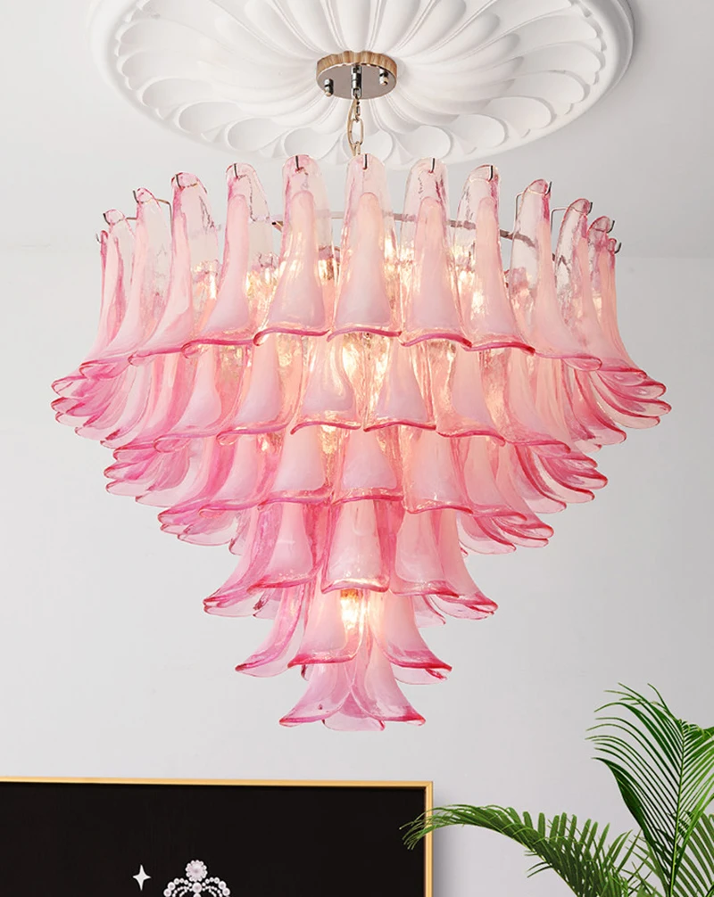 

Pink Glass Ceiling Chandelier French Style Luxury Hanging Lamp Vintage LED Lighting for Girl's Room Villa Decoration