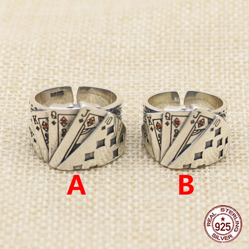 

S925 Sterling Silver Ring Punk Hip Hop Playing Card Handsome Retro Fashion Jewelry Gift for Lovers