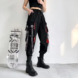 Kadın kargo pantolon 2023 Harem pantolon moda Punk cepler Jogger pantolon ile zincir Harajuku elastik yüksek bel Streetwear