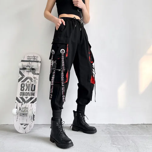 Imagen 1 del producto Pantalones Cargo para mujer, pantalones harén 2023, pantalones para correr con bolsillos Punk a la moda con cadena, elásticos Harajuku, ropa de calle de cintura alta