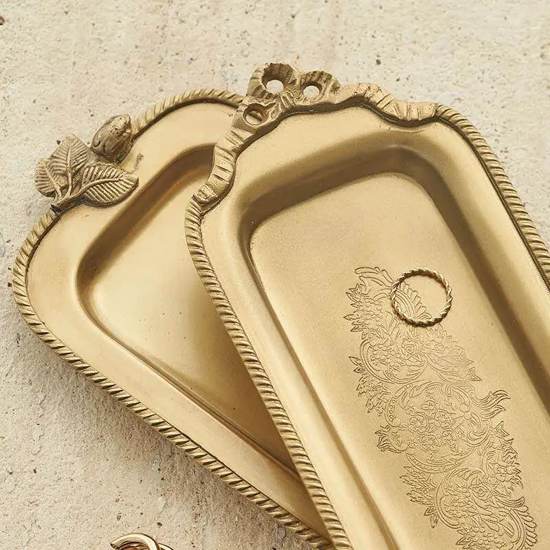 Handmade carved French style brass storage tray, desktop decoration sample room decoration retro storage tray
