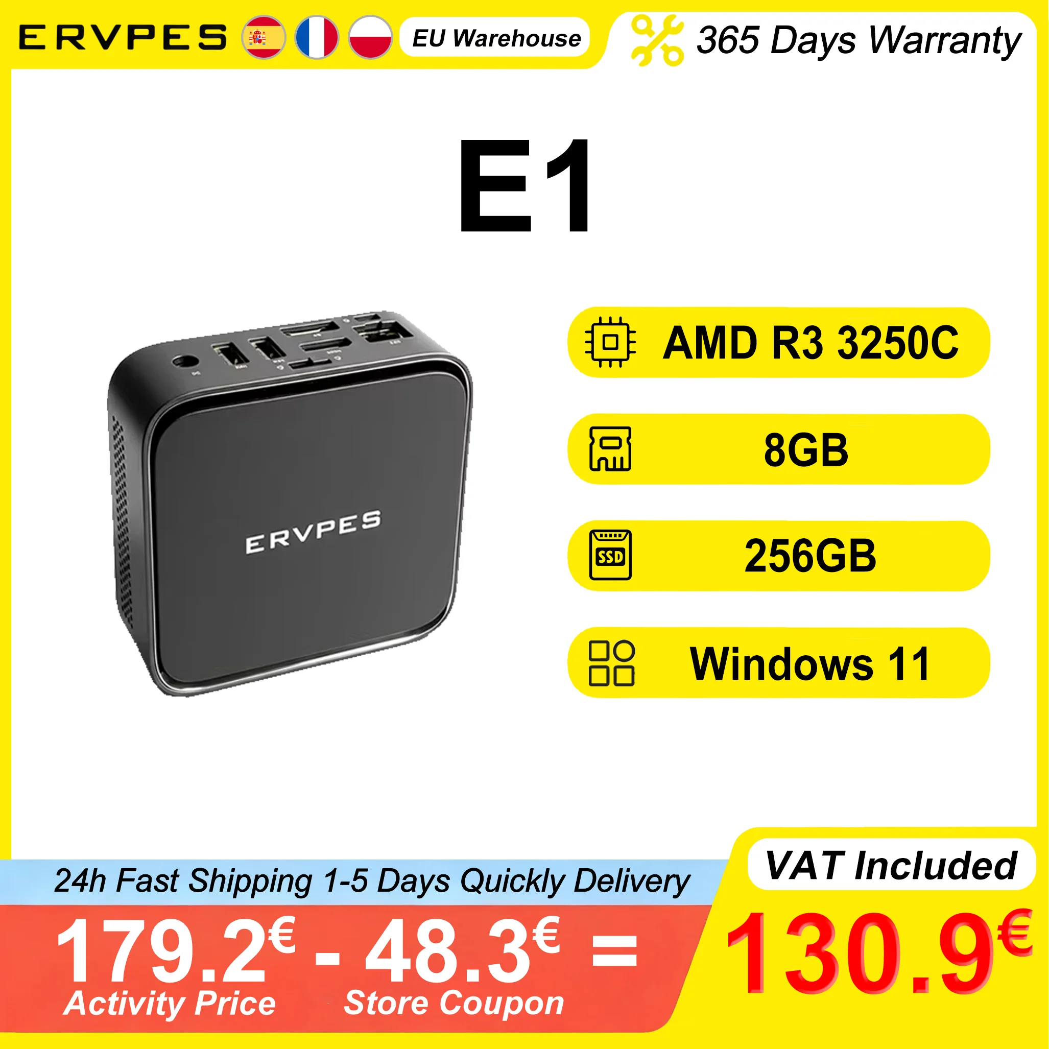 ERVPES E1 Mini PC AMD Ryzen 3 3250C 8GB DDR4 256GB SSD Windows 11 Dual-Band Wifi BT5.2 HDMI DP Office Desktop Mini-computer