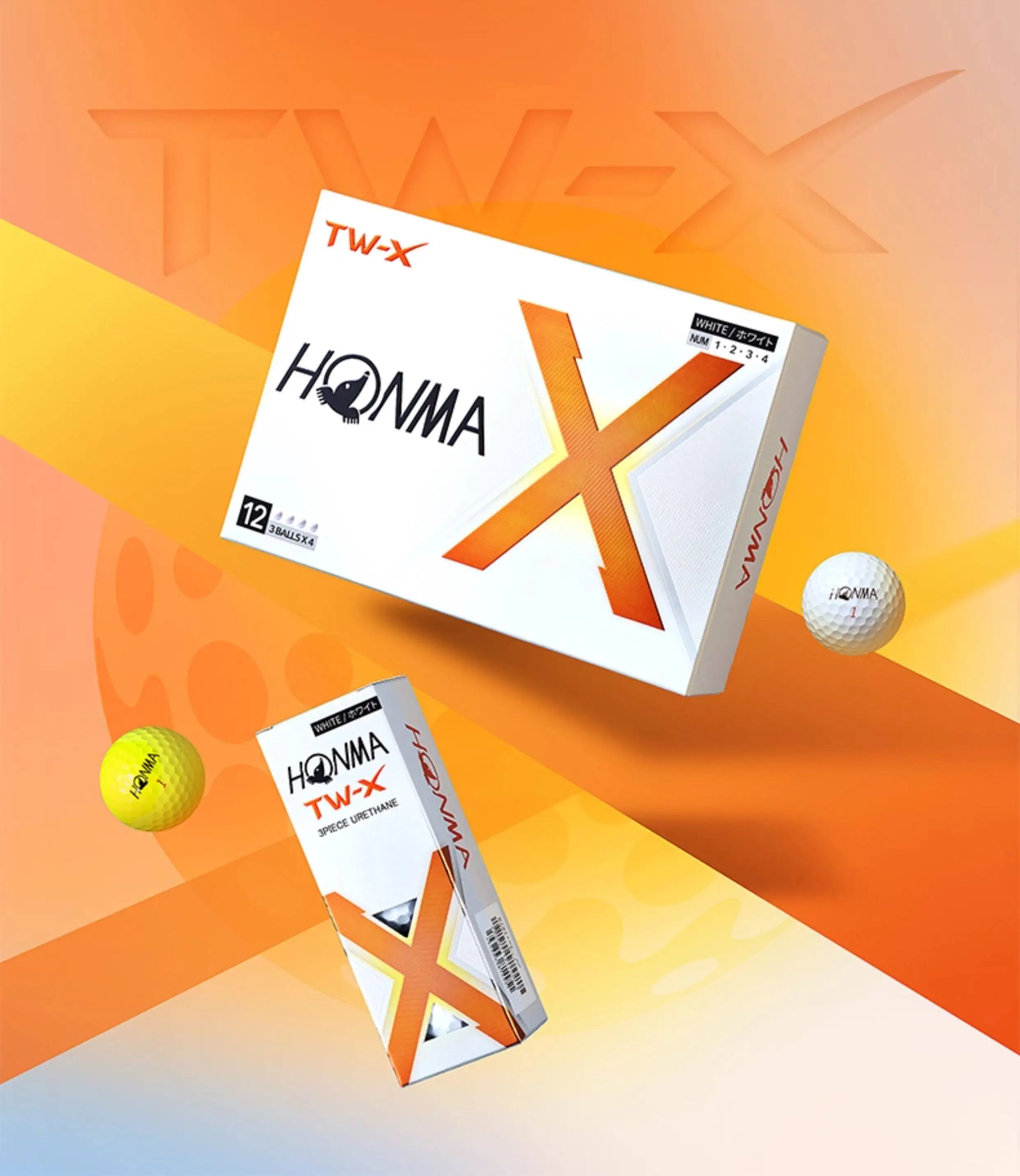 HONMA TW-X Golf Balls 12 Pack 3-Piece Urethane Golf Ball 1 Box Long Distance Low Spin Control White Yellow
