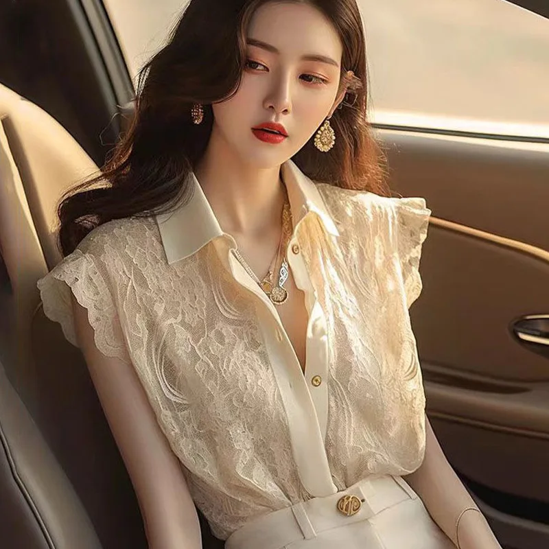 

High End Western-style Apricot Sleeveless Lace Original Design Shirt Chic Elegant Fashion Casual Youthful Wind Loose Women's Top