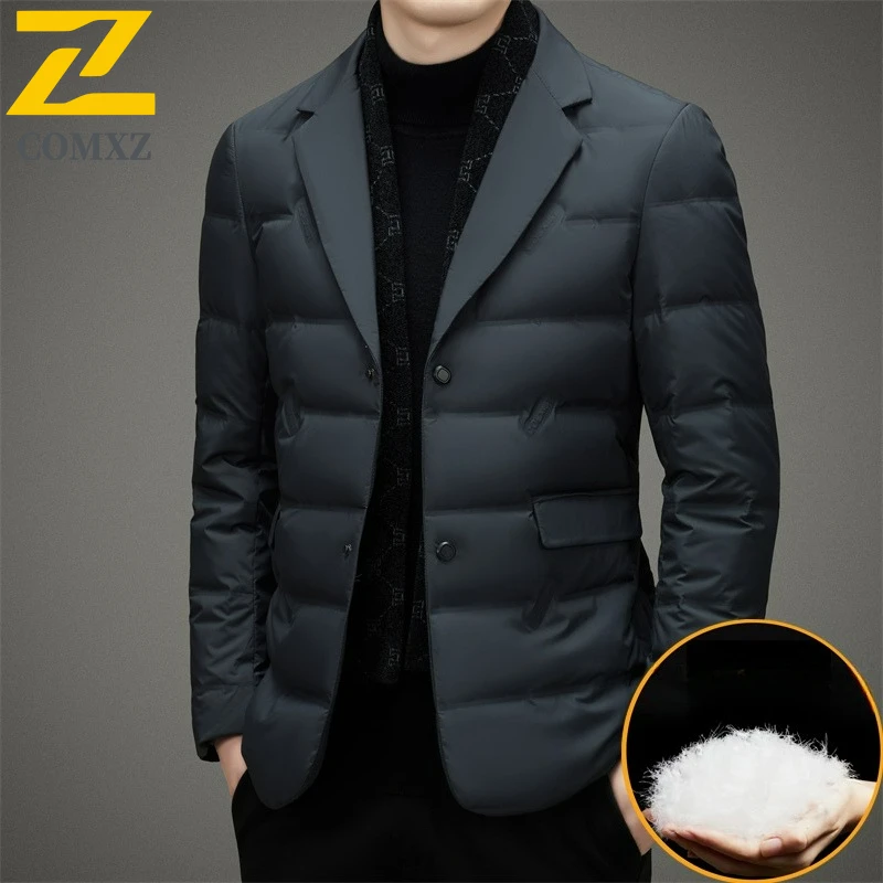 COMXZ Luxury Brand Mens Down Jacket Premium Suit Collar Outdoor Office Lightweight Puffer Coat Business Casual Warm Winter Coats