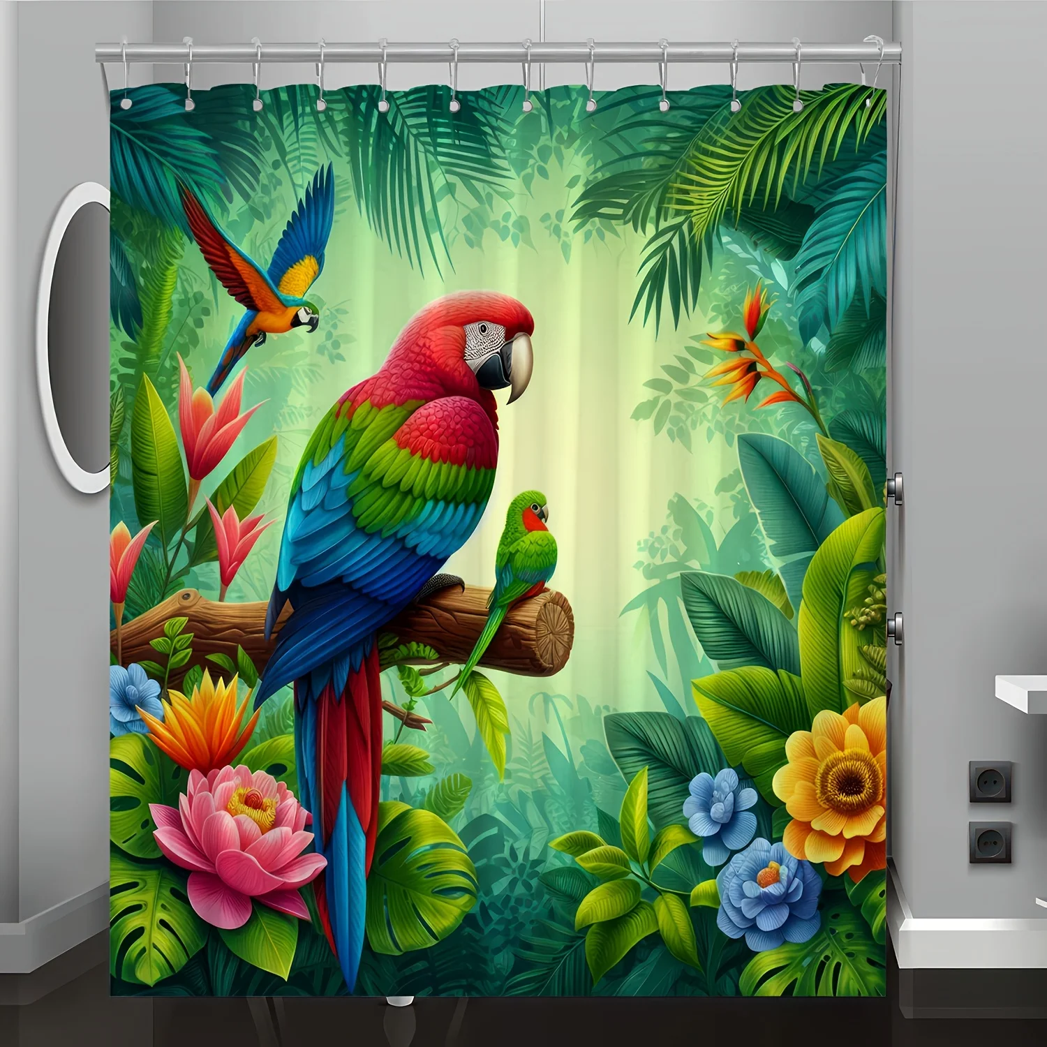 Tropical Parrot Cartoon Shower Curtain, Jungle Design, Colorful Flowers & Greenery, Machine Washable, Polyester Bathroom Decor
