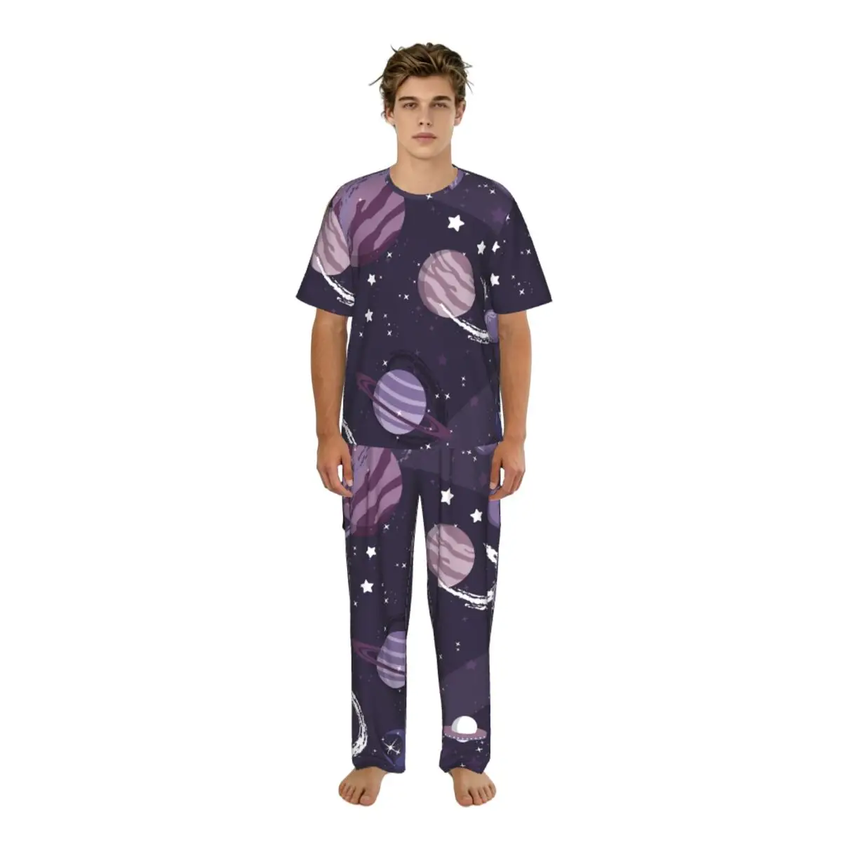 

Men's Casual Pajamas Sets Short Sleeve and Pants Sets Male Sleepwear Galaxy Space Home Clothes