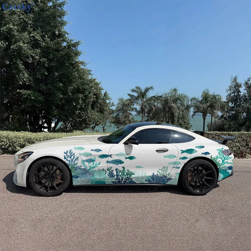 Gradient Blue-Green Ocean Car Side Wraps, Self-Adhesive PVC Waterproof & Scratch-Resistant Stickers, Car Accessory Gift