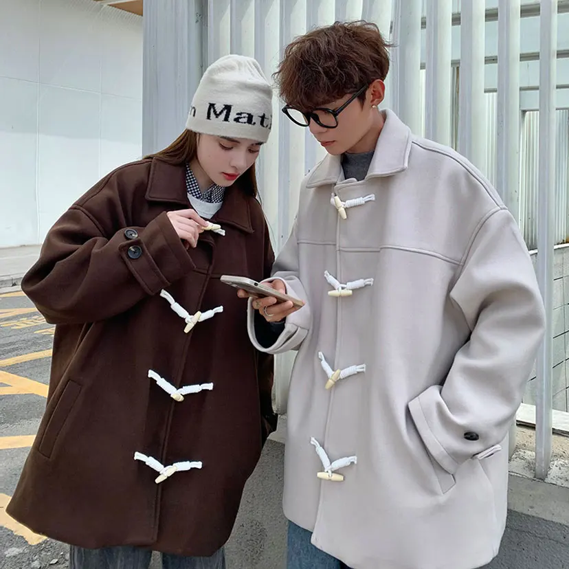 

Мужское шерстяное пальто, осенне-зимнее корейское твидовое ветровка в стиле ретро, высококачественное твидовое пальто для пар с роговыми пуговицами