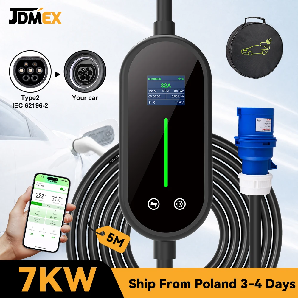 JDMEX 7KW 32A 1-Phasen Tragbares EV-Ladegerät Typ2 EVSE Schnellladung 5M Kabel CEE-Stecker Mit APP-Steuerung IEC 62196-2 EV-Ladegerät Tragbar