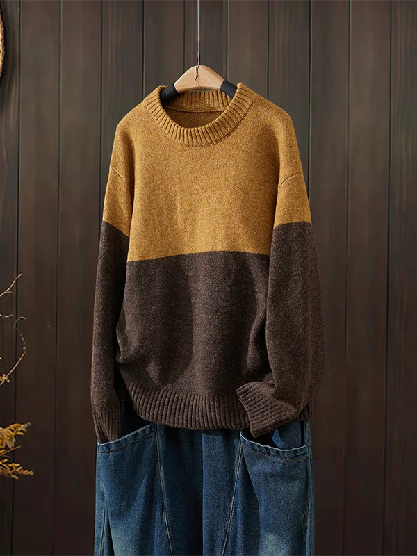 

Женский модный топ с цветными блоками, вязаный, повседневный, с длинным рукавом, круглым вырезом, базовая модель, универсальный, осенне-зимний, больших размеров, в китайском стиле