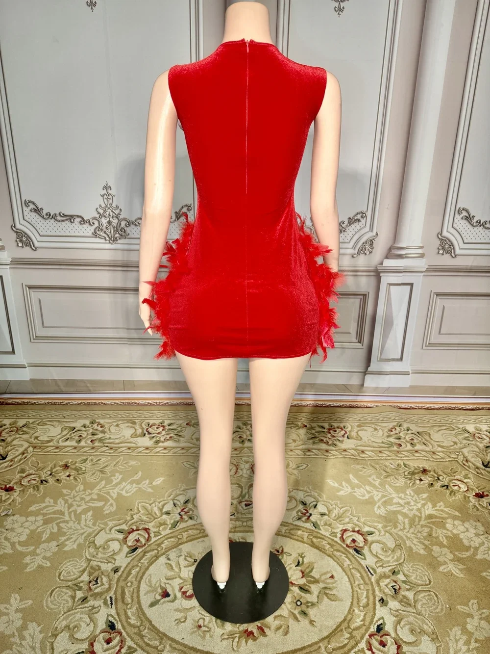 Luxurious Red Crystal Feathers Velvet Short Dress Women Sexy Transparent Evening Celebrate Birthday Dress Singer Show Stage Wear