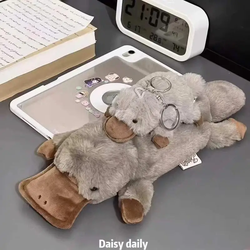 Fluffy Stuffed Platypus Keychain Cute Plush Animal Doll Pendant Mini Key Ring for School Bag Handbag Decor Students Gift