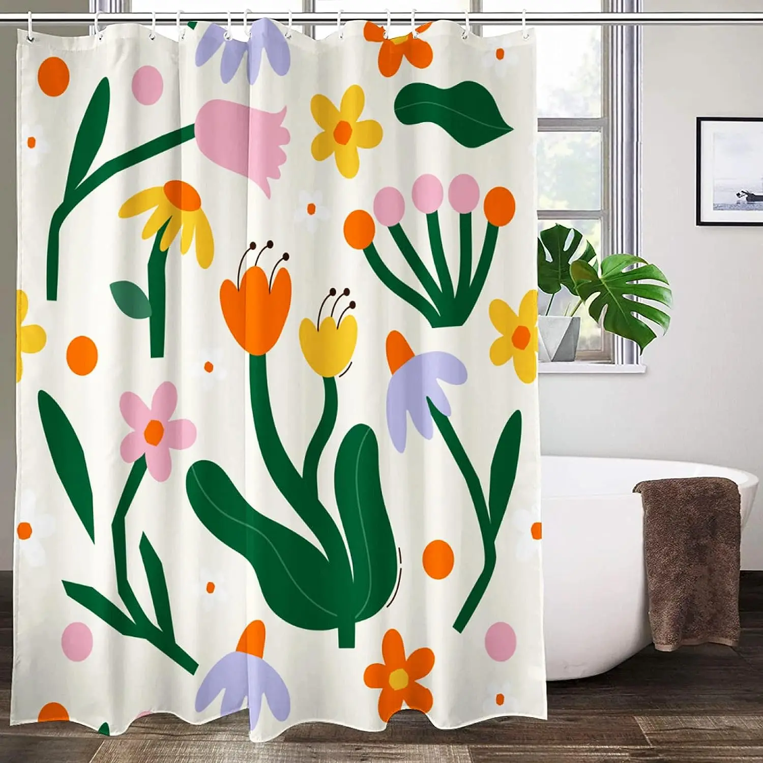 Vintage Flowers 70s 80s Shower Curtain Washable Waterproof Fabric Aesthetic Bath Curtains Set for Bathroom with Hooks Decor Art