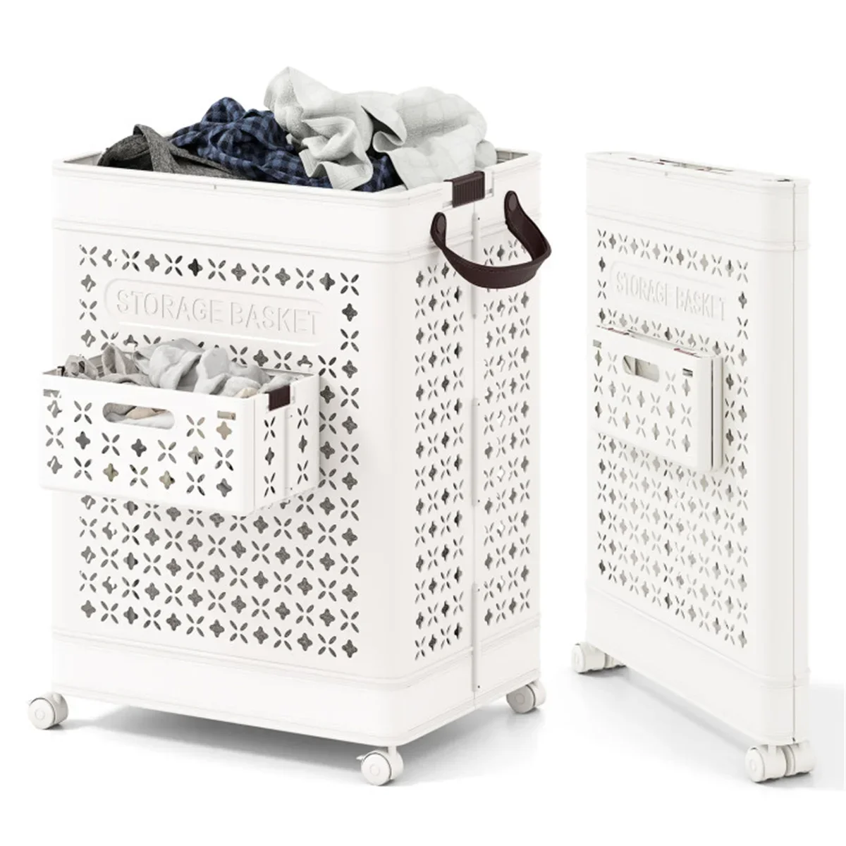 

20 Gallon Foldable Laundry Hamper with Mini Hanging Basket, PP Hollow Design with Wheels