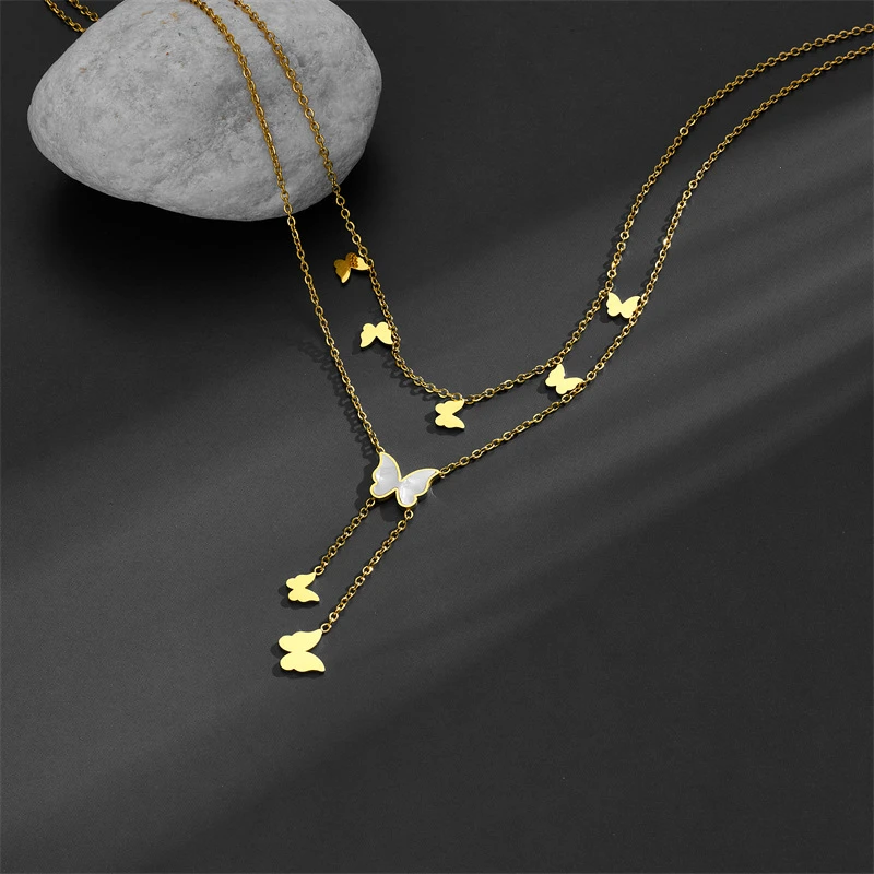 316L Stainless Steel New Fashion Fine Upscale Jewelry 2-Layer Butterfly Seashells Charms Chain Choker Necklace Pendant For Women