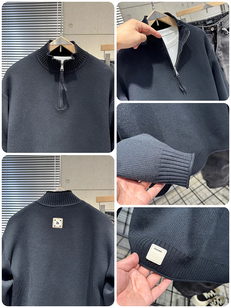 النمط الياباني INS نصف الياقة المدورة سستة سترة الرجال الشتاء تنوعا البلوز محبوك سترة الشباب عادية سميكة #3