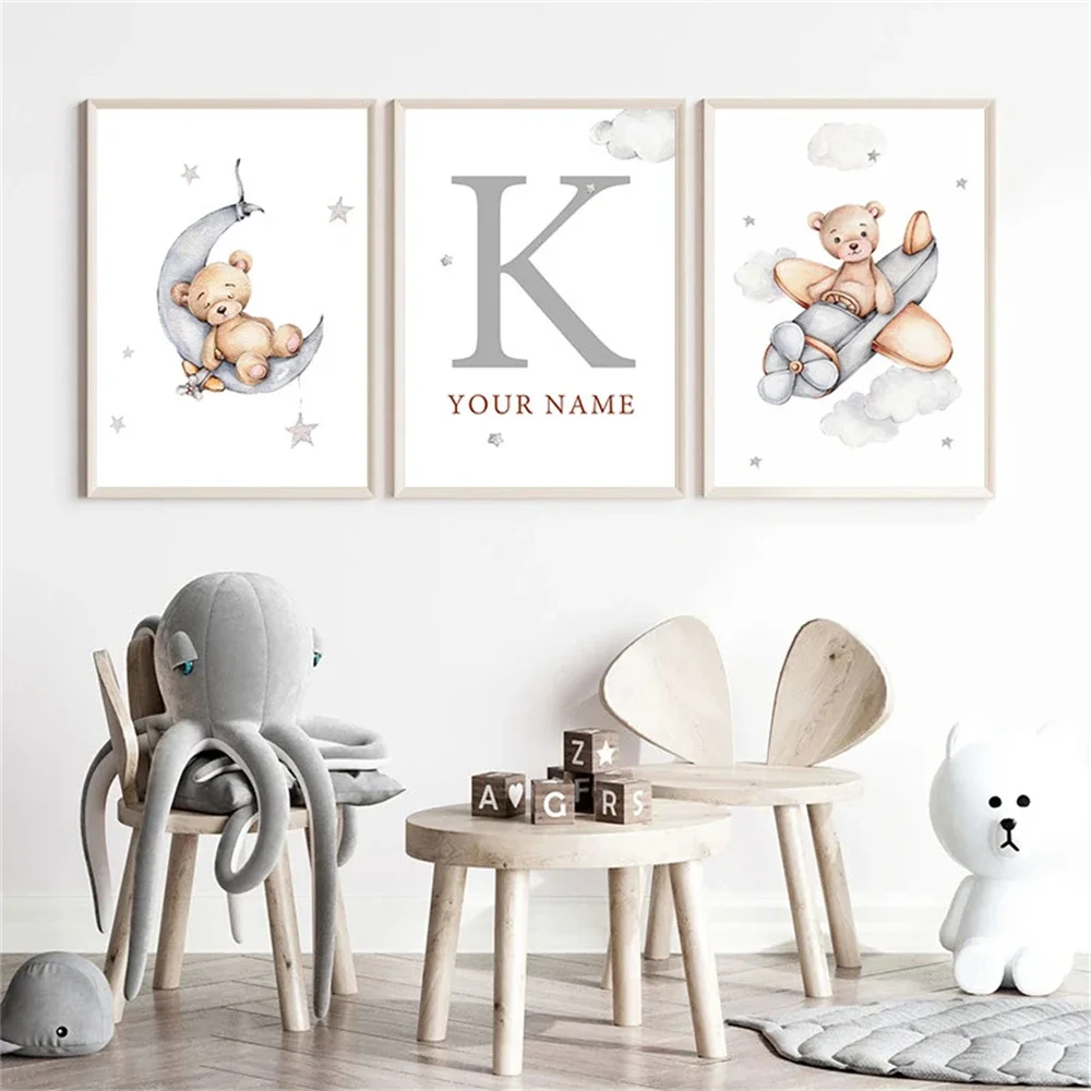 

Custom Name Posters Cartoon Airplane Moon Teddy Bear Canvas Painting Nursery Wall Art Nordic Print Pictures Baby Kids Room Decor