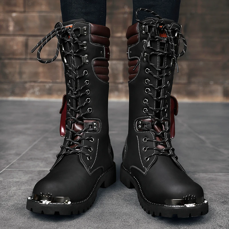 Men\'s plus size Casual High Top Leather Boots Spring and Autumn Outdoor Motorcycle Boots comfort Chain collision avoidance Boots