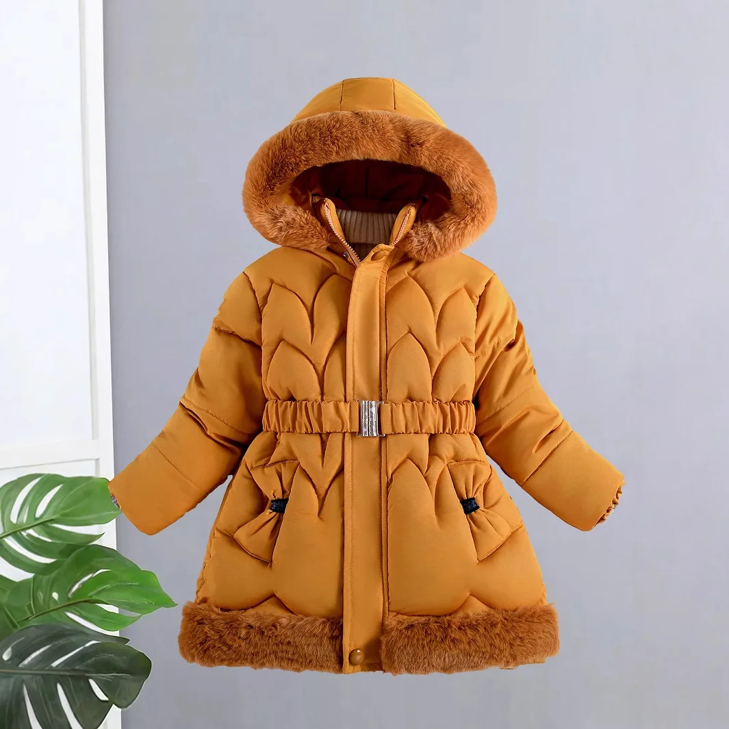 

2025 Winter New Girls Warm Down Coat Casual Daily Thicken Solid Color Furry Hooded Long Cotton-padded Parka for 4-8Y
