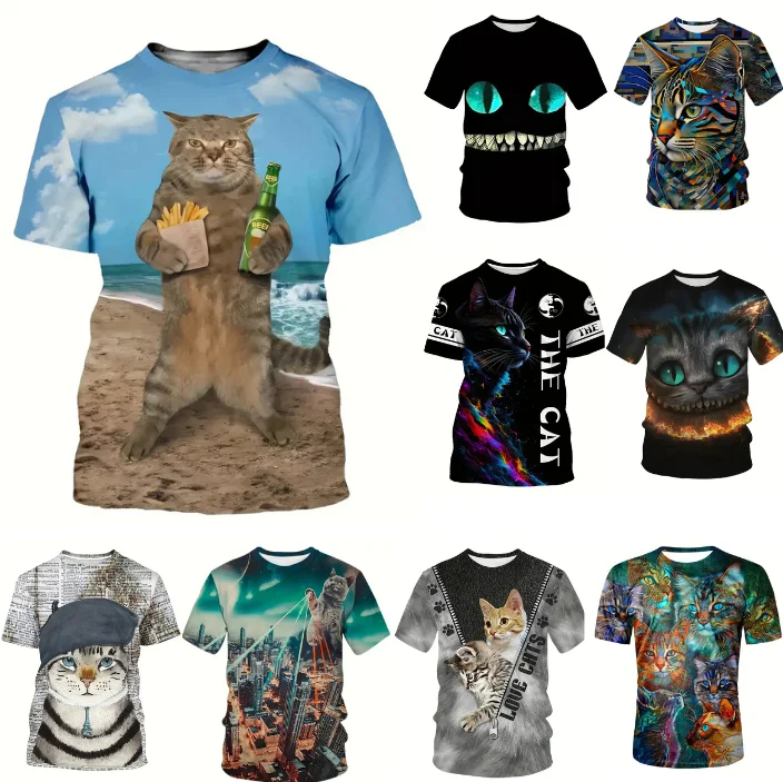 Novelty Beach Cat Beer Pattern Print T-shirt 3D Men/Women Trend Personality Tops Oversized Short sleeve Crew Neck Streetwear Tee