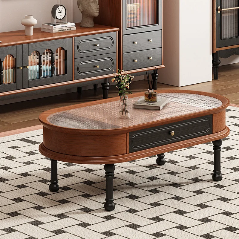 Mesa de centro de estilo retro francés, mesa de centro ovalada de madera maciza para sala de estar pequeña, mesa de té de estilo antiguo de alta gama con cajones