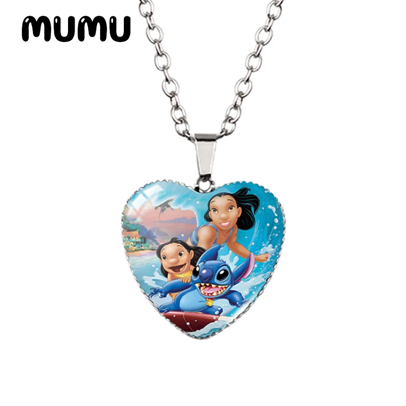 2024 New Lilo Stitch Angle Heart Necklace Glass Printed Photo Pendant Handmade Jewelry Gifts Children