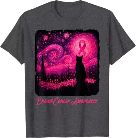 ليلة مليئة بالنجوم فان جوخ القط هالوين تي شيرت للتوعية بسرطان الثدي في أكتوبر نرتدي الزي الوردي Y2k الرسم الشريط الوردي تيز