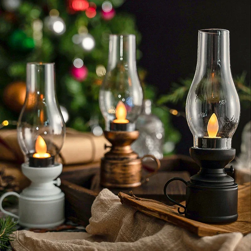 Electronic Kerosene Lamp Vintage Plastic Kerosene Lamp Chimney LED Battery Powered Candle Lamp Christmas Home Party Decoration