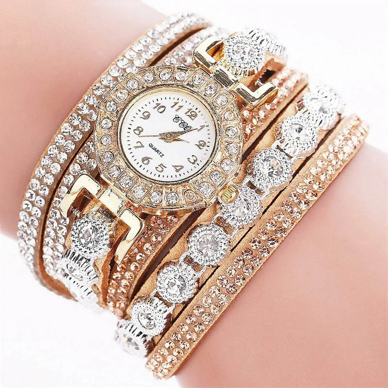 Fashion Rhinestone Blingbling Leather Wrap Quartz Women Watch