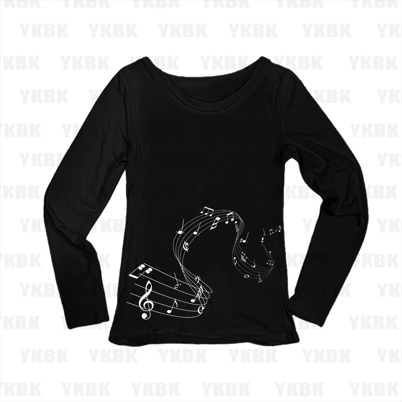 Aesthetic Women Swirl Treble Clef Music Note Print Long Sleeve Tee Scoop Neck Slim Y2K Soft Casual Fitted Top