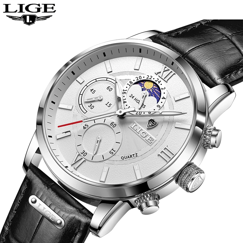 LIGE 2024 Brand New Men\'s Watches Leather Chronograph Waterproof Sports Automatic Date Quartz Watches for Men Relogio Masculino